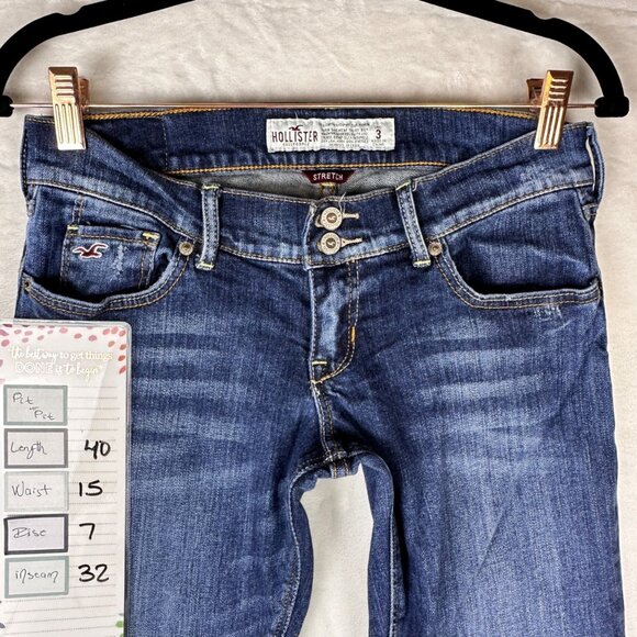 Y2K Hollister Low-Rise Flare Stretch Jeans Sz 3 Distressed Dark Wash Denim Boho - Picture 6 of 11